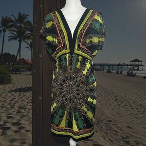 Olivia Matthews M Green Dress - Multicolor Boho Deep V-Neck Short Sleeve Resort